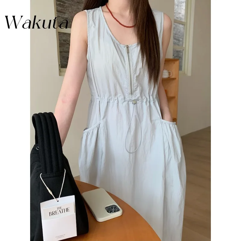 WAKUTA Classic Korean U-neck Sleeveless Quick Drying Fabric Workwear Dress with Drawstring Zipper Decorative Vest Bodycon Dress