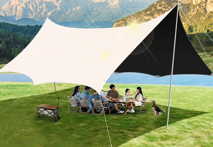 A complete set of outdoor camping equipment, tables and chairs, including a canopy tent, a large outdoor camping equipment