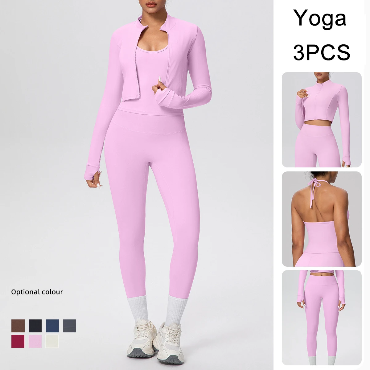 Women Solid Color Breathable Yoga Set Slim Casual Yoga Zipper Long Sleeves Workout Top Shockproof Hanging Neck Bra Pant Yoga Set