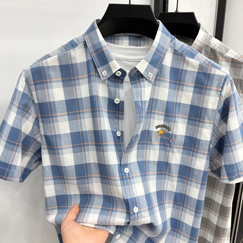 

Checkered Shirt Men's Short Sleeved Pure Cotton High-end Casual 2026 New Summer High-end Men's Shirt