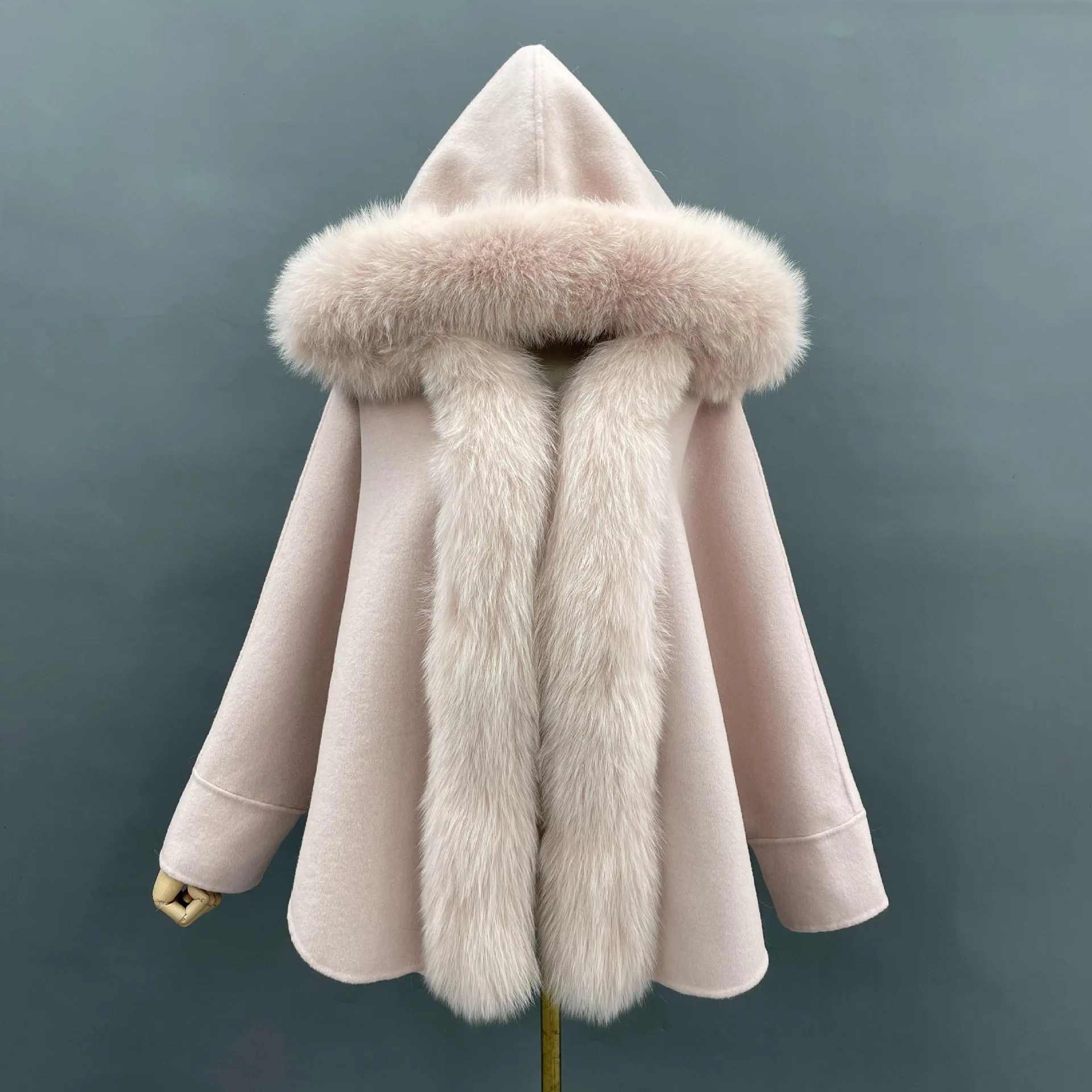 Fox Fur Collar Hooded Sleeves Double-sided Woolen Cloak Fur Cloak