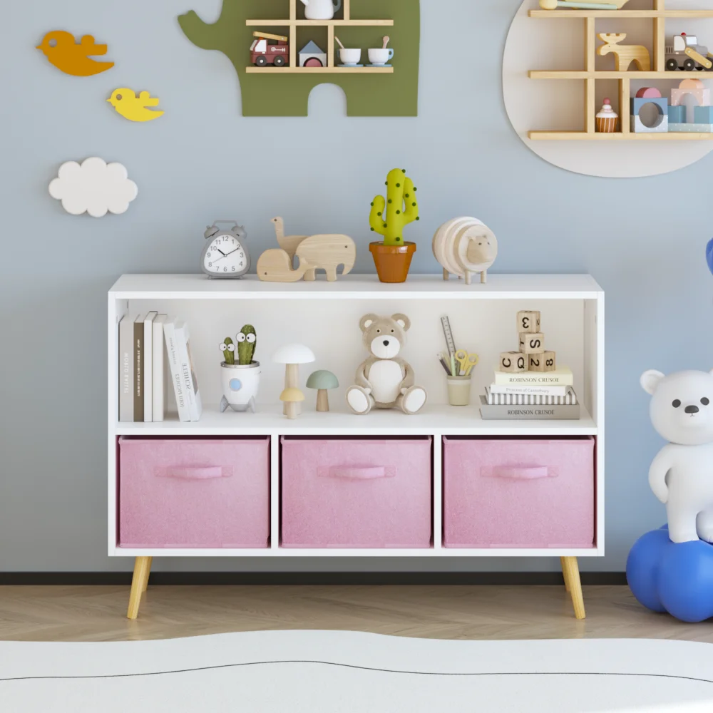Kinder-Bücherregal mit zusammenklappbaren Stoffschubladen, Kinderbuch-Display, Spielzeug-Aufbewahrungsschrank, Organizer, Weiß/Rosa