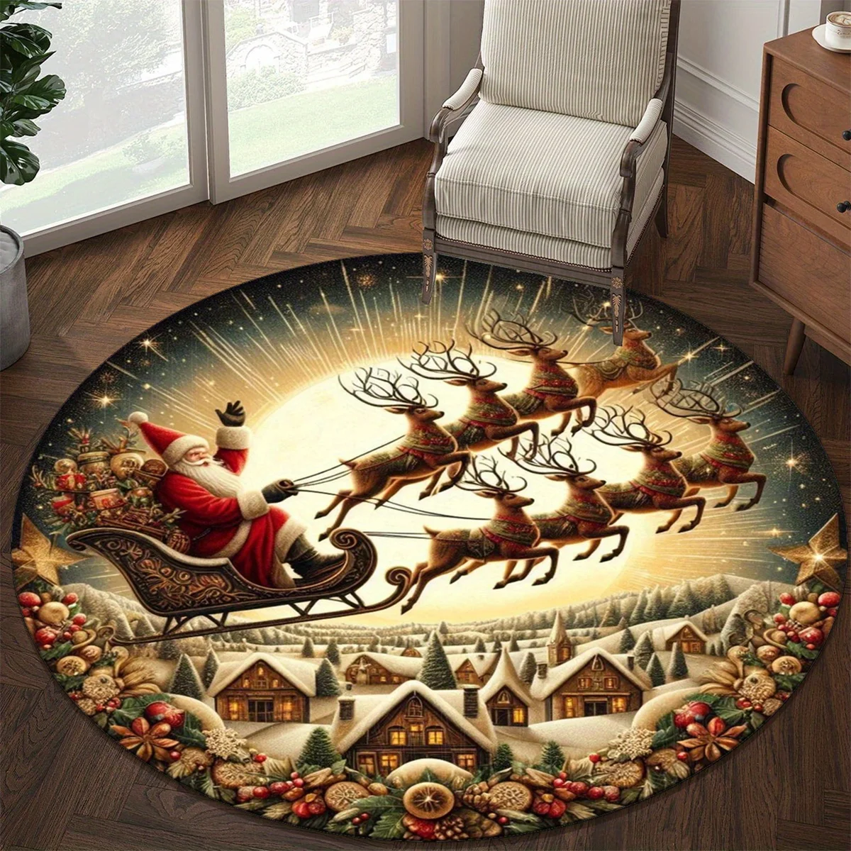 Santa Claus Reindeer Christmas Rug, Soft Polyester Non-Slip Mat, Festive Holiday Decor for Living Room, Bedroom, Office