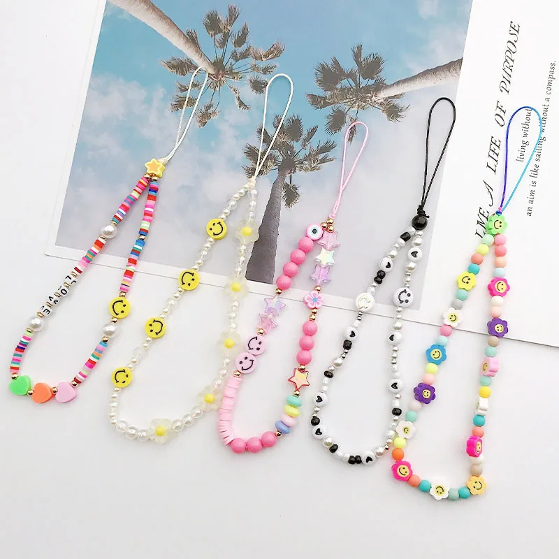 Fashion Charm Pearl Clay Beaded Mobile Phone Chain Acrylic Cartoon Phone Jewelry Women Girls Anti Lost Telephone Lanyard Hanging