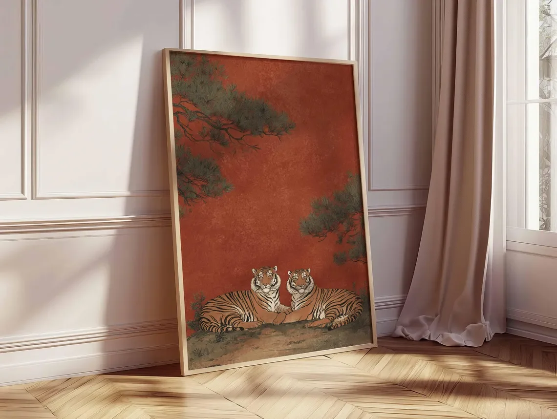 Japanese Tiger Poster, Vintage Wildlife Art Print, Red Oriental Wall Art, Traditional Woodblock Style, Zen Nature Home Decor image 3