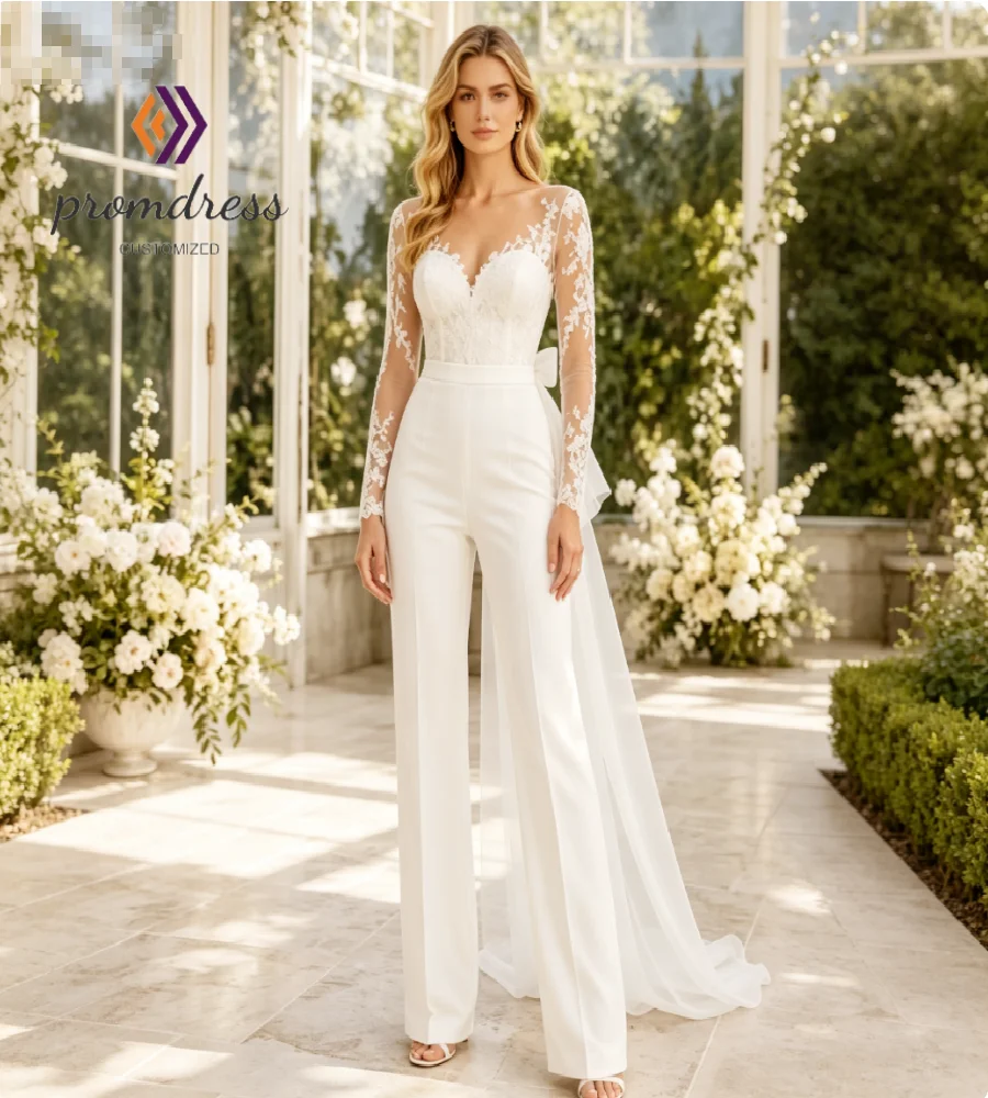 Minimalist Elopement Pantsuit Wedding Dress Long Sleeve Soft Satin Jumpsuit Bridal Gowns With Train Elegant Lace Reception Civil