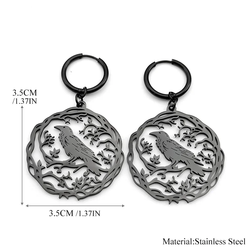 Gothic Black Crow Tree Of Life Bird Dangle Earrings For Women Men Stainless Steel Raven Animal Plant Jewelry Party Gift ZZZ955