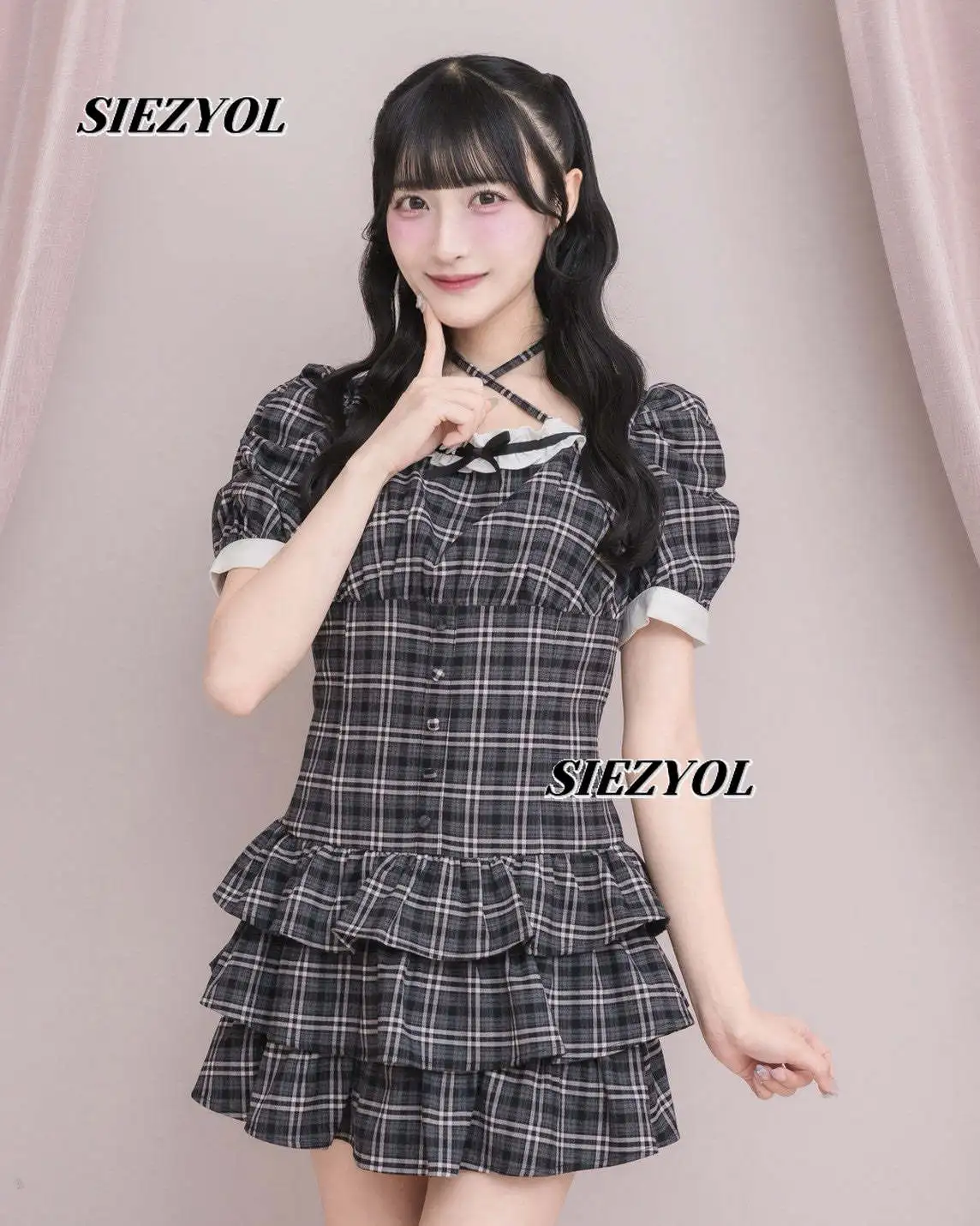 Japanese Contrasting Color Plaid Short-sleeved Cake Dress Sweet Cute Girl Ruffle Edge Doll Feeling Waist Short Sweet Girl Dress