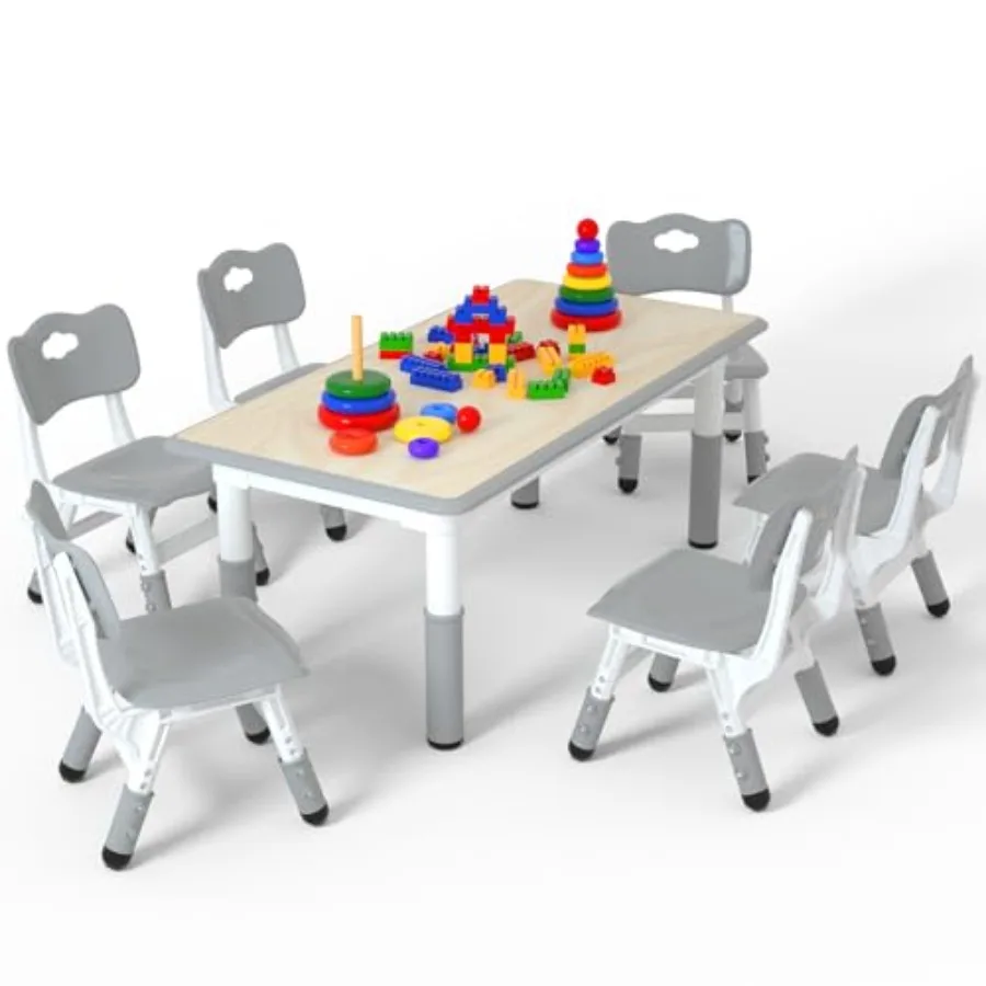 

Height Adjustable Table and 6 Chairs Set with Wipe-Clean Desktop in White 47.2x23.6 Ideal for Toddlers Study and Multi-Activity