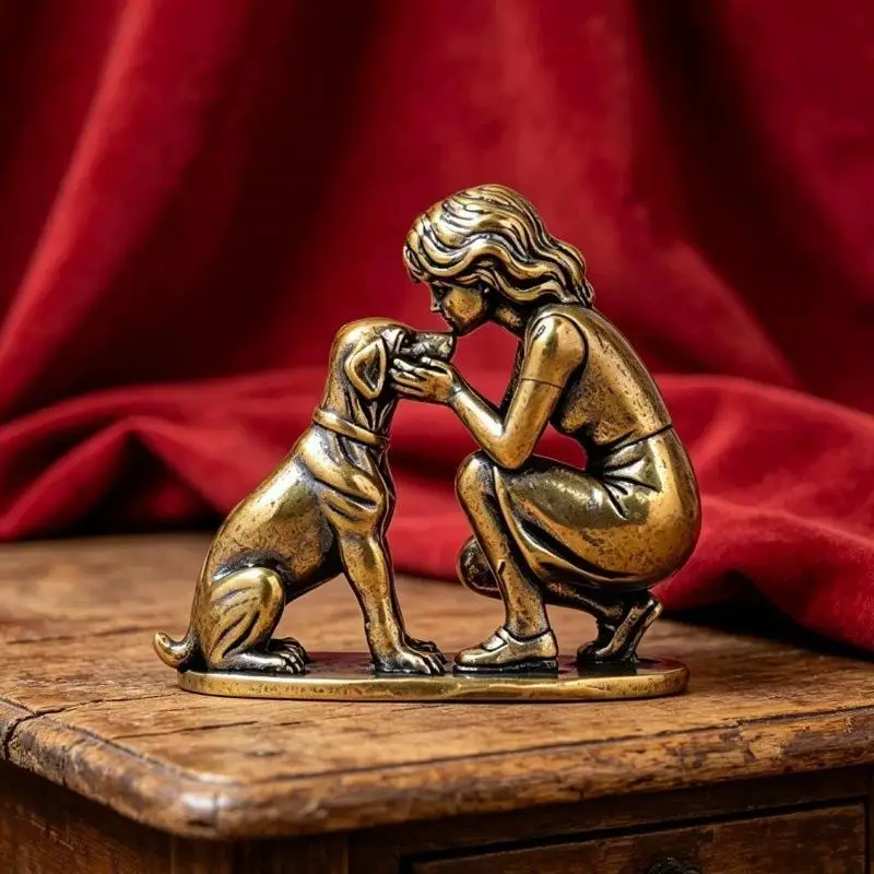 Vintage-Messingstatue von Mädchen und Hund, handgefertigt, fein geschnitzt, antik veredelt, Dekoration für Kinderzimmer, Wohnkultur, Geschenk für Feiertage. – Detail 7