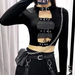 Black Goth Dark Women's Hollow Out Long Sleeve Front Buckle Punk Grunge Crop Top Pullover Clubwear