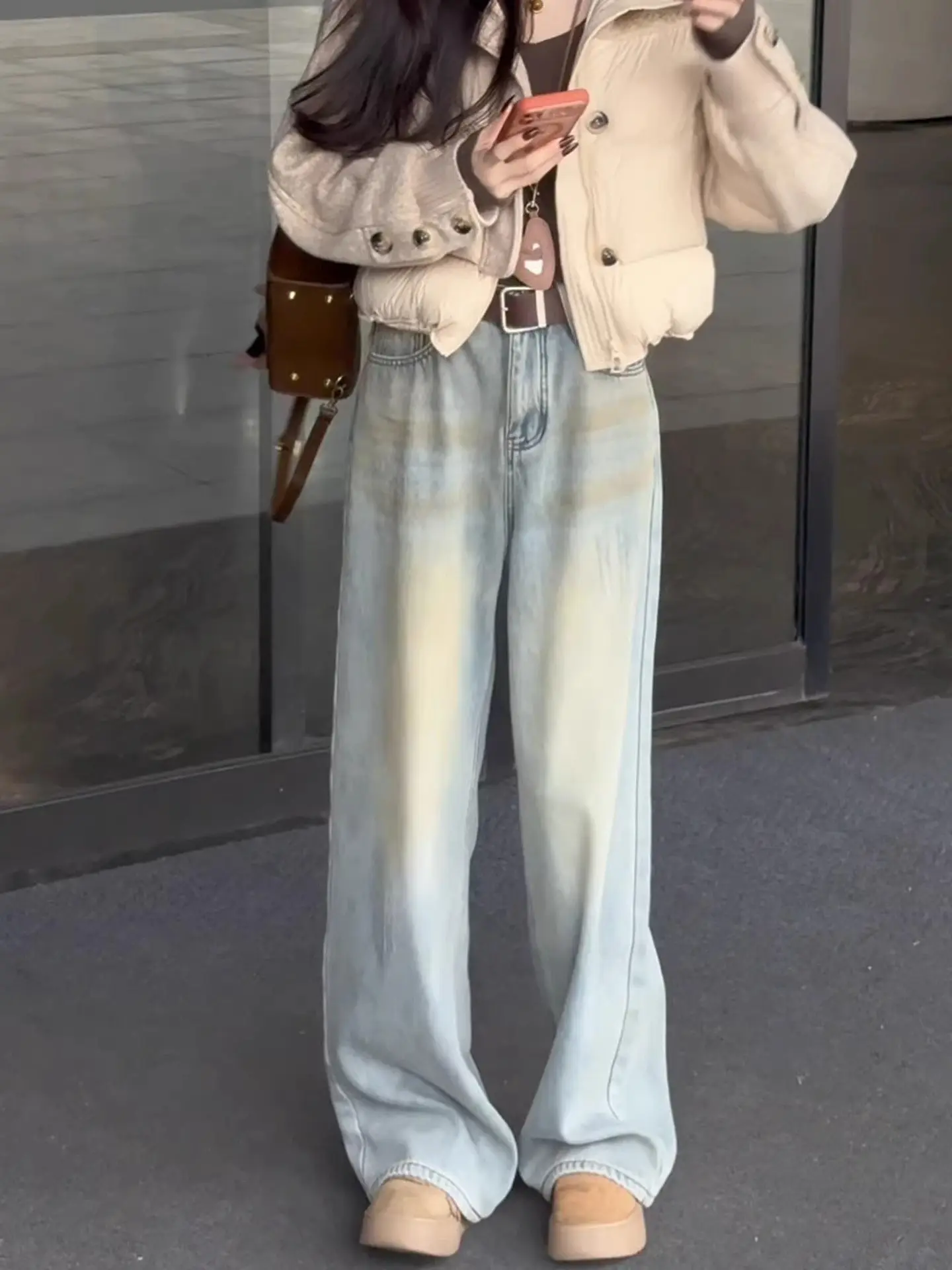 

Blue Fce Lined Wide Leg Vintage Jeans High Waist Slimming Straight Floor Length Trousers for Women Winter New Sle
