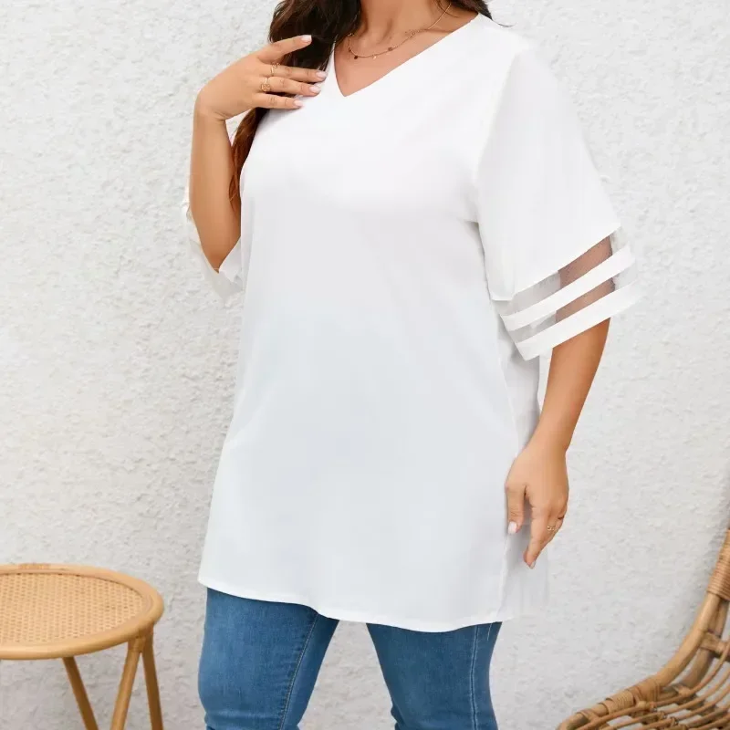 New Women Plus Size 1XL-8XL Loose V Neck Ladies Mesh Stitching Casual Holiday Blouse Female Blusas Tunic 3/4 Sleeve Shirts Tops