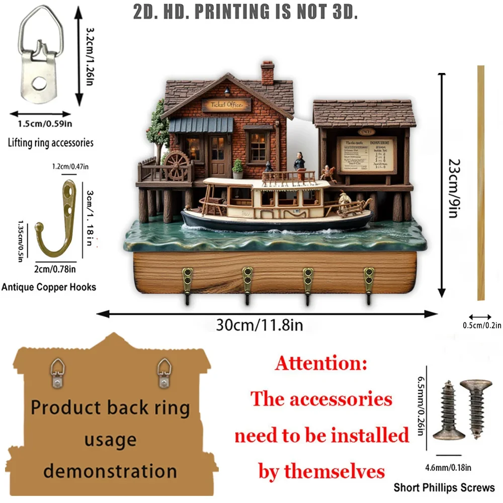2D Flat, 1pc, Wooden Houseboat Key Hook, Multifunctional Home Key Hook with Four Metal Hooks, Wall Decoration, Porch