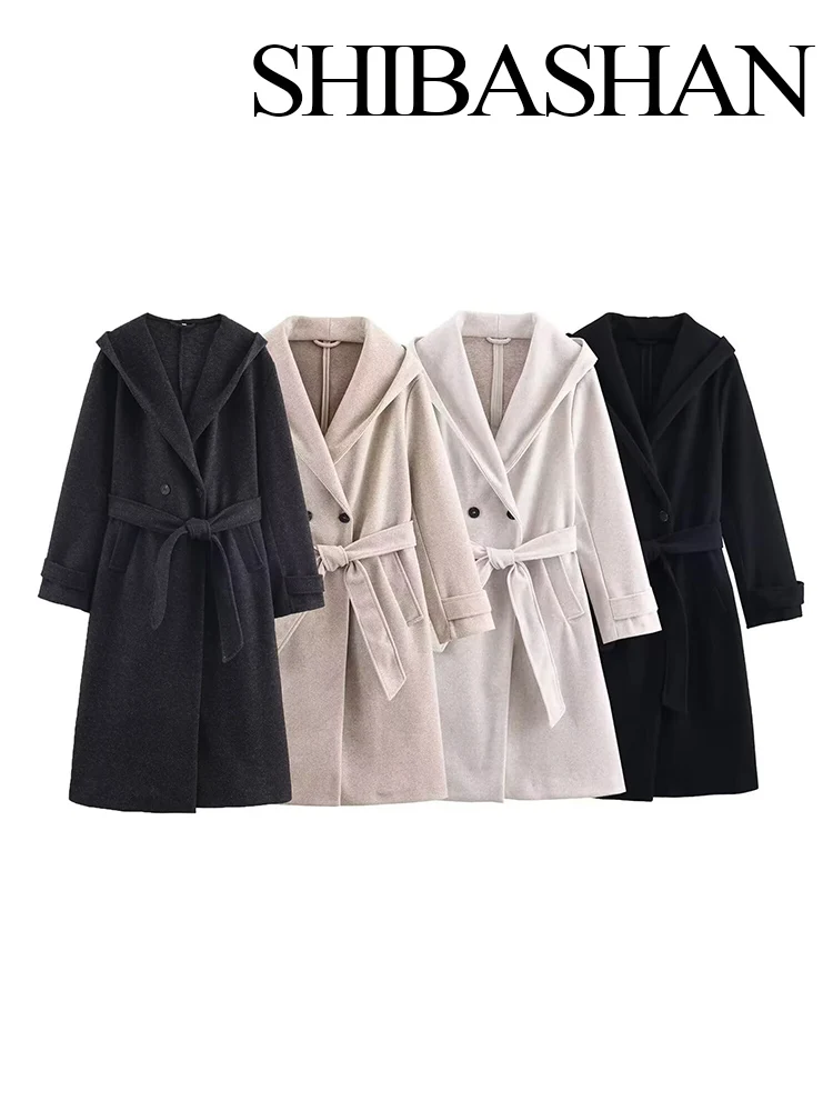 

HH Women Chic Pockets Belt Double-breasted Streetwear Solid Hooded Long Coat Autumn Winter Female Temperament Long Sleeve Jacket