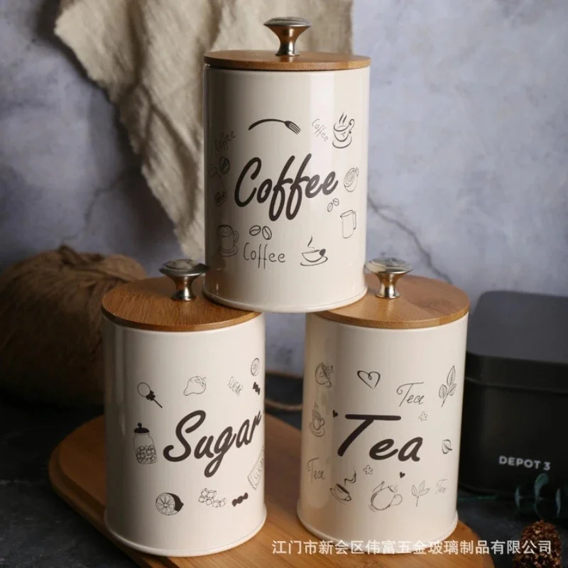 

Nordic Living Room Kitchen Dining Room Suitable Bamboo Lid Sealed Coffee Sugar Tea Storage English Letter Box Can Modern 3 Set