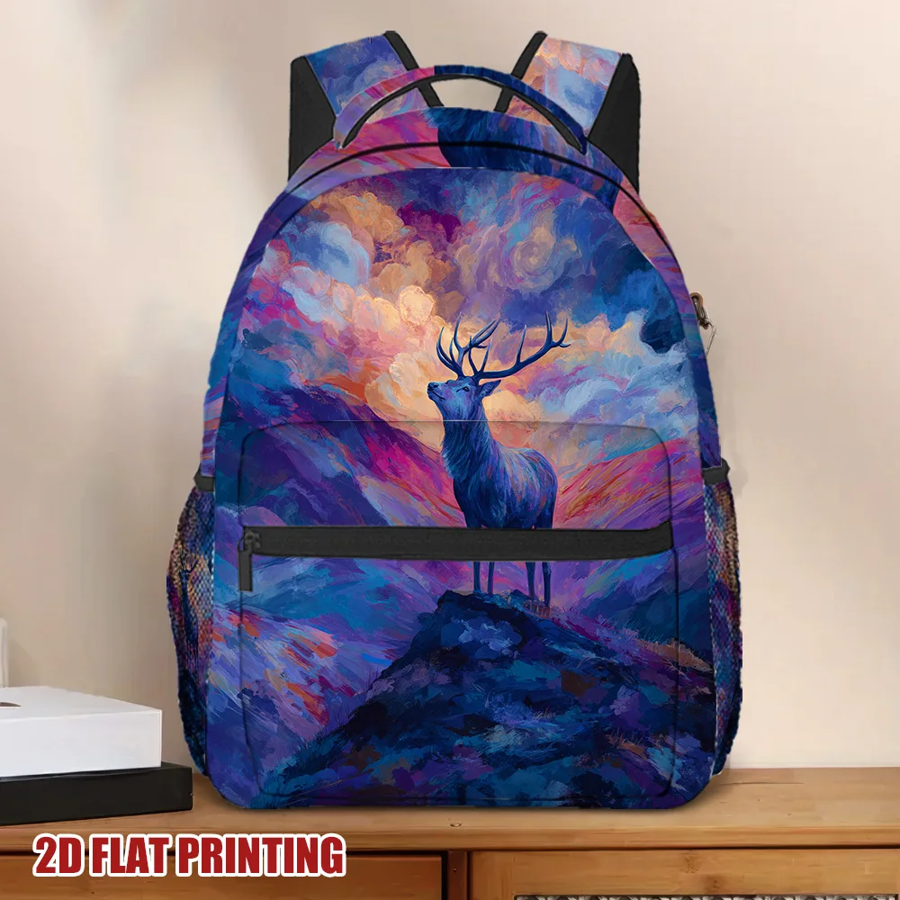 1pc Mystical Stag Backpack Lightweight Zipper Closure Backpack with Stag Mountain Landscape Print School Travel