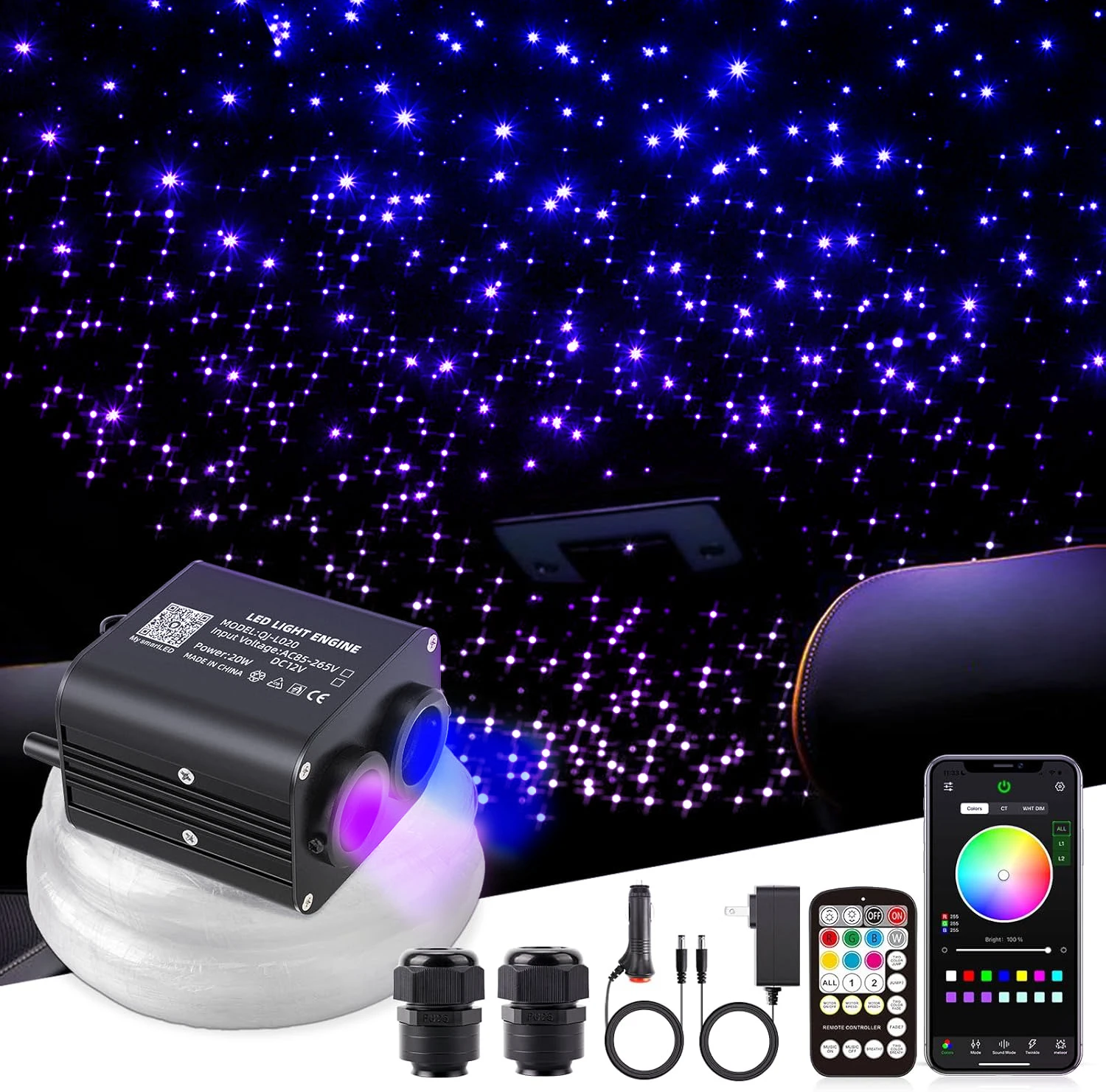 20W Twinkle LED Fiber Engine PRO RGBW Driver Double Color Light Source with Bluetooth APP Control&Music Mode for Car Starry Sky