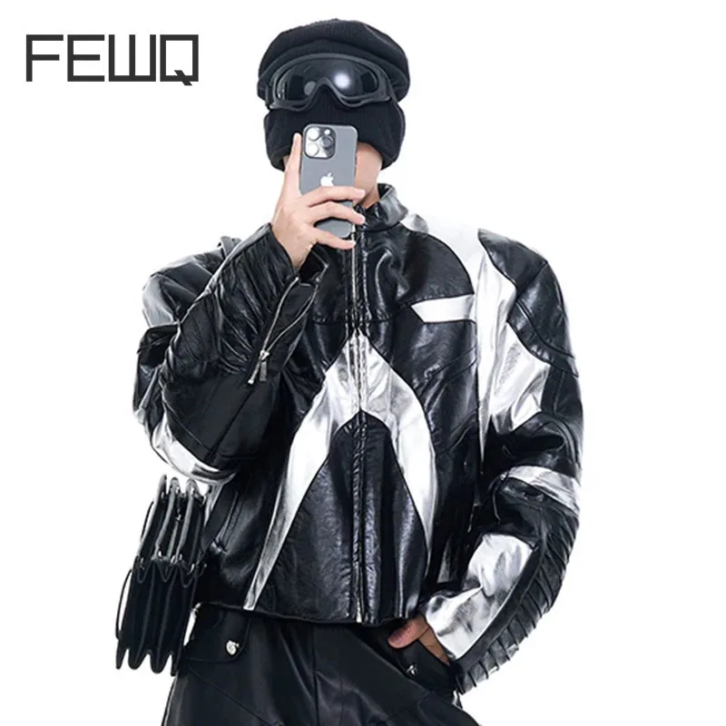 FEWQ High Street Men's Short Jacket PU Leather Stand Collar Cutting Structure Design Contrast Color Casual Male Clothing 24K1156