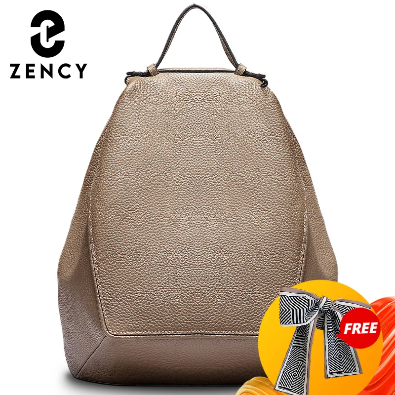 Zency Damski Stylowy Klasyczny Plecak Khaki z Naturalnej Skóry, Torba na Ramię, Pojemny z Kieszeniami, Pasuje na A4, Ipad 9.7'', Tornister
