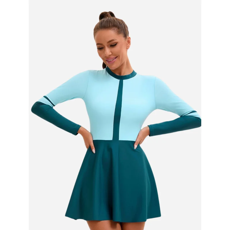 

Цветные блоки из двух частей женский купальник Rash Guard с длинным рукавом UPF 50 + купальный костюм на молнии спереди купальники