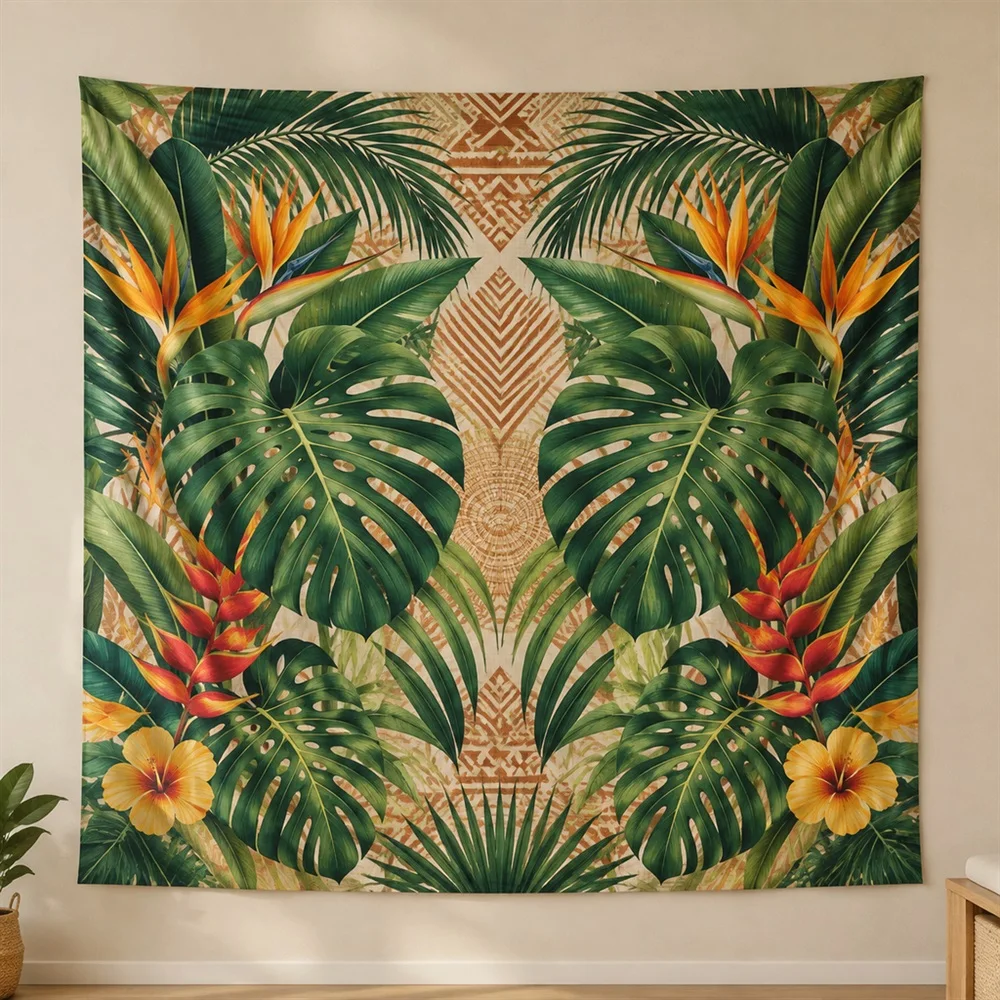 VIKAMA Monstera Palm Leaves Mirror Symmetric Tapestry Wall Hanging, Southeast Asian Wall Art Tapestries for Living Room Bedroom