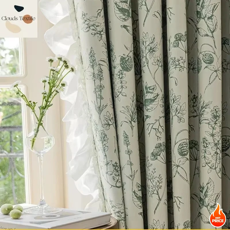 

Chenille Curtain Fabric Full Blackout Small Fresh Print Blackout Insulation Curtains Fabric Curtains for Living Room Customize