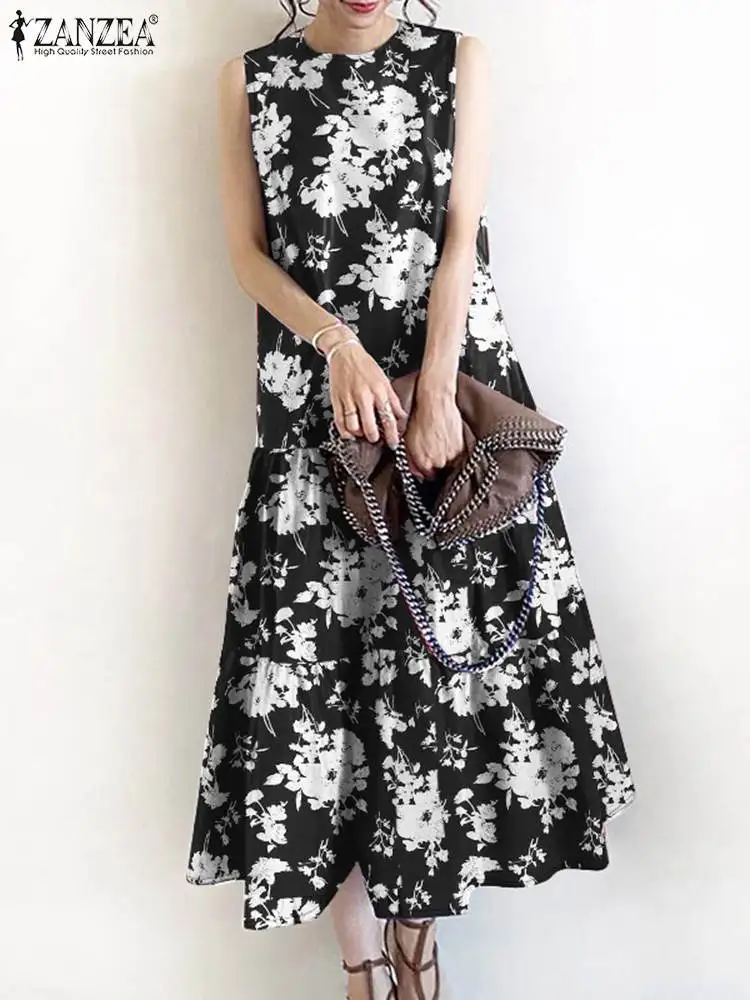 ZANZEA Summer Floral Printed Dress Women eleganti abiti da lavoro per feste Vintage Baggy Tanks Robe Bohemian O Neck prendisole senza maniche