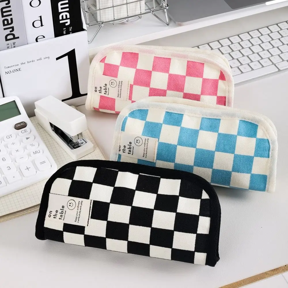 

Cosmetic Pouch Checkerboard Stationery Bag Pencil Holder Large Capacity Checkerboard Pencil Bag Black Pink Blue Storage Bag