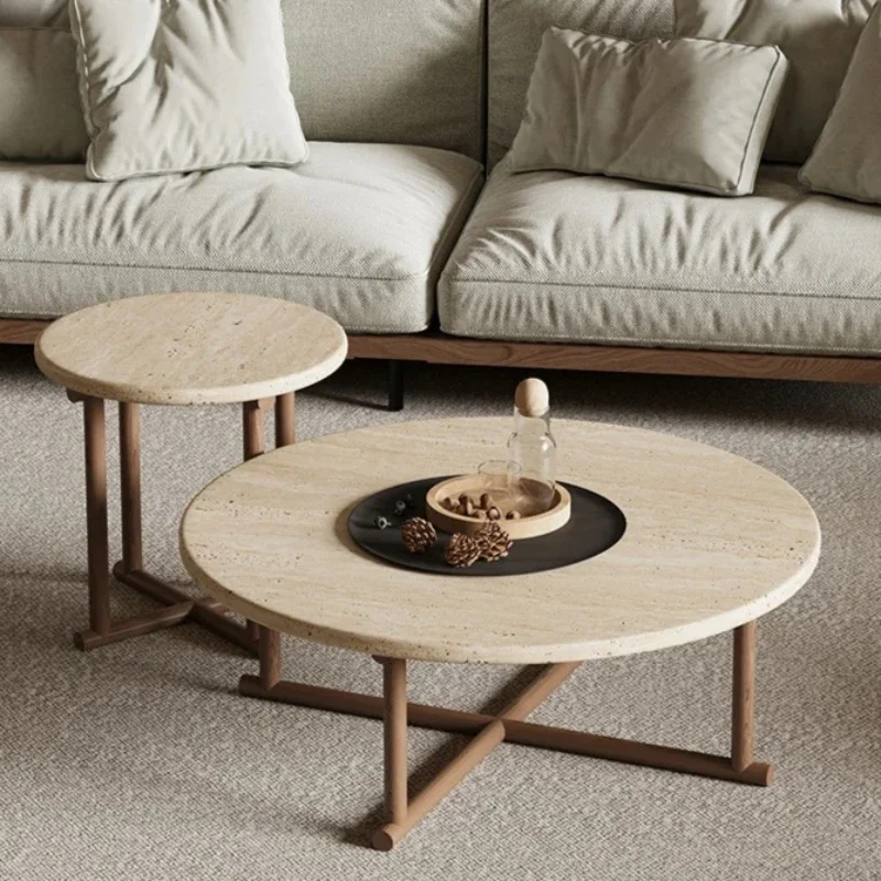 Scandinavian Style Stone Coffee Table, Small Round Side Table for Bedroom, Natural Texture Wood Base, Compact End Table for Sofa