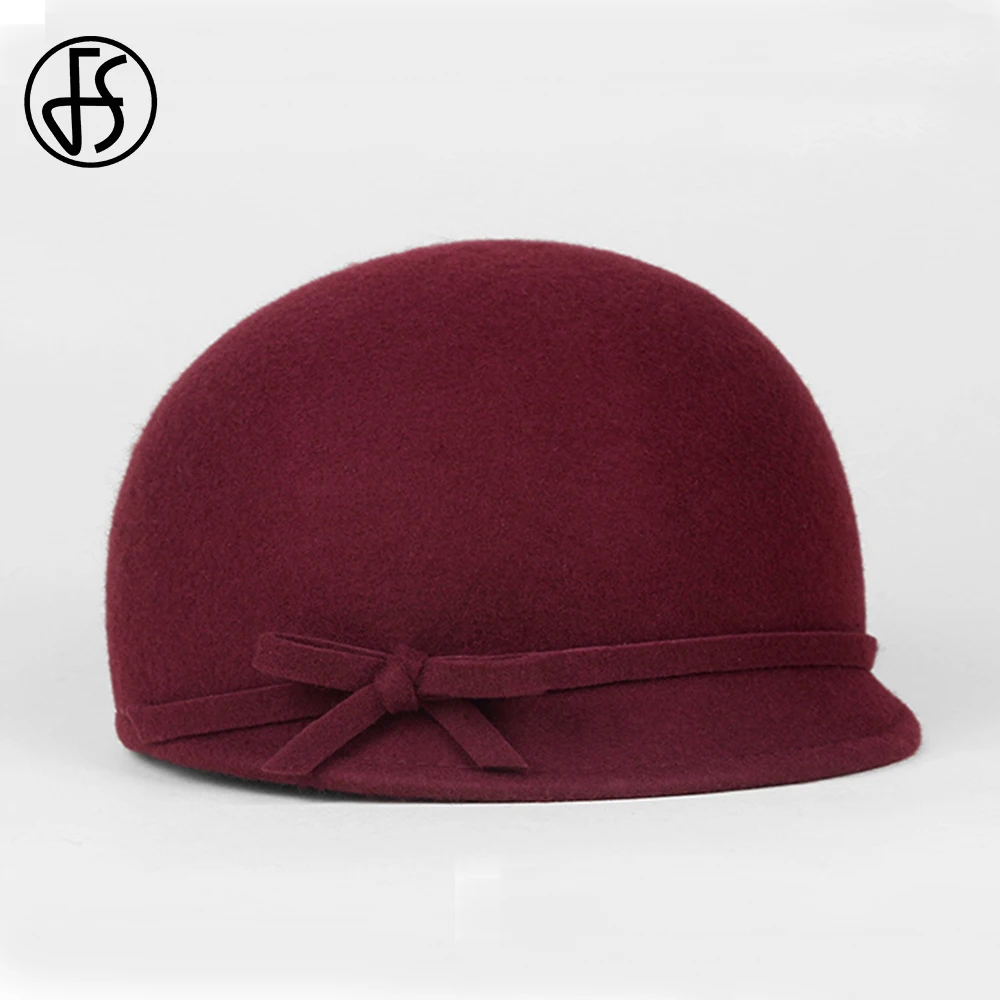 FS Elegant Wine Red Wool Felt Fedoras 2024 Winter British Top Hats For Women Knight Cap Formal Cocktail Party Millinery