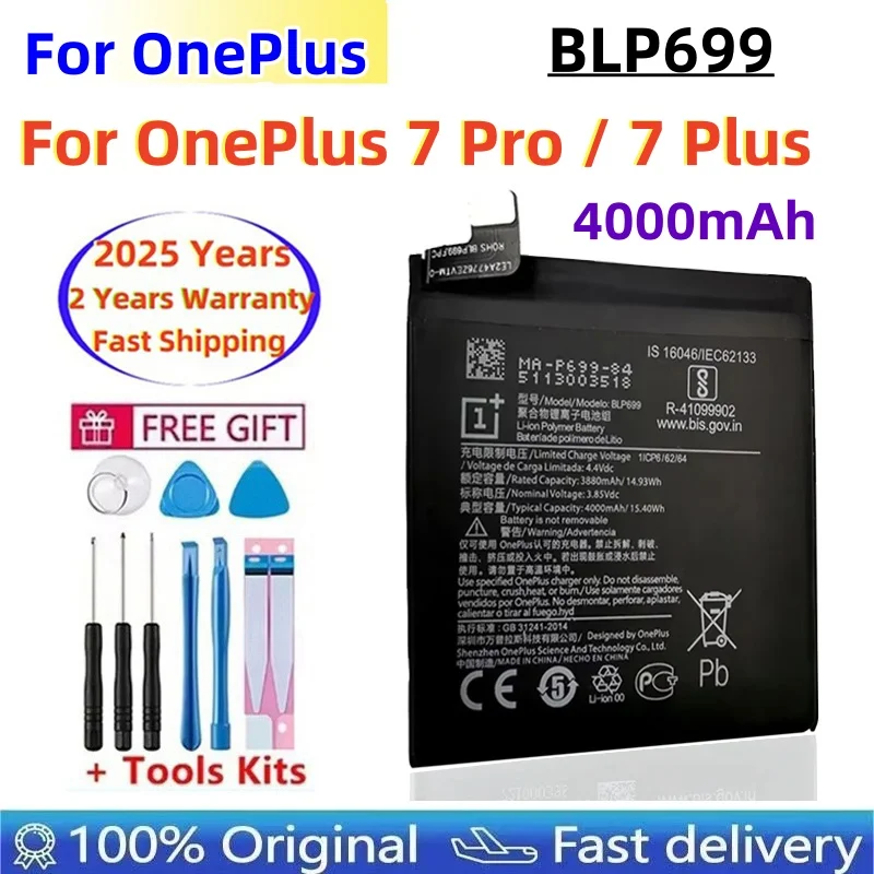 

2025 100% Original New Replacement Battery 4000mAh BLP699 For OnePlus 7 Pro / 7 Plus Mobile Phone Batteries + Free Tools
