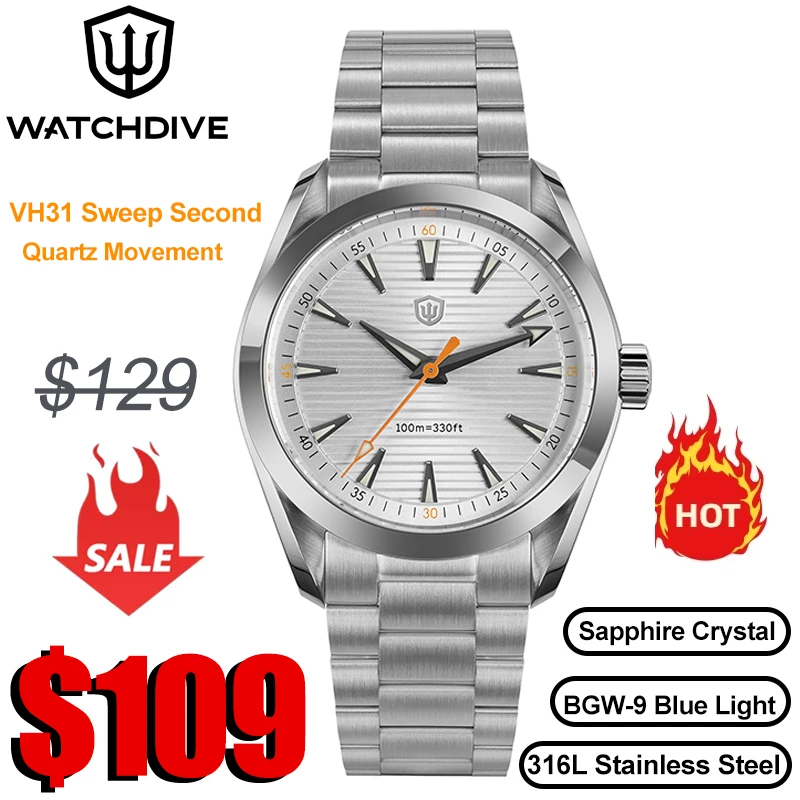 Watchdives WD0006 Vintage Watch VH31 Sweep Second Movement Domed