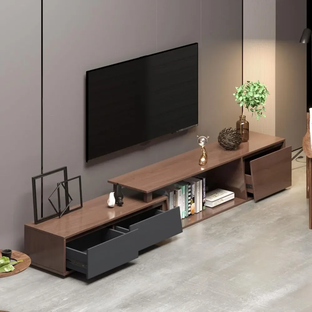Modern TV Stand Entertainment Center, Expandable to 120 Inch, 3 Storage Drawers, Contemporary Media Console with Shelves