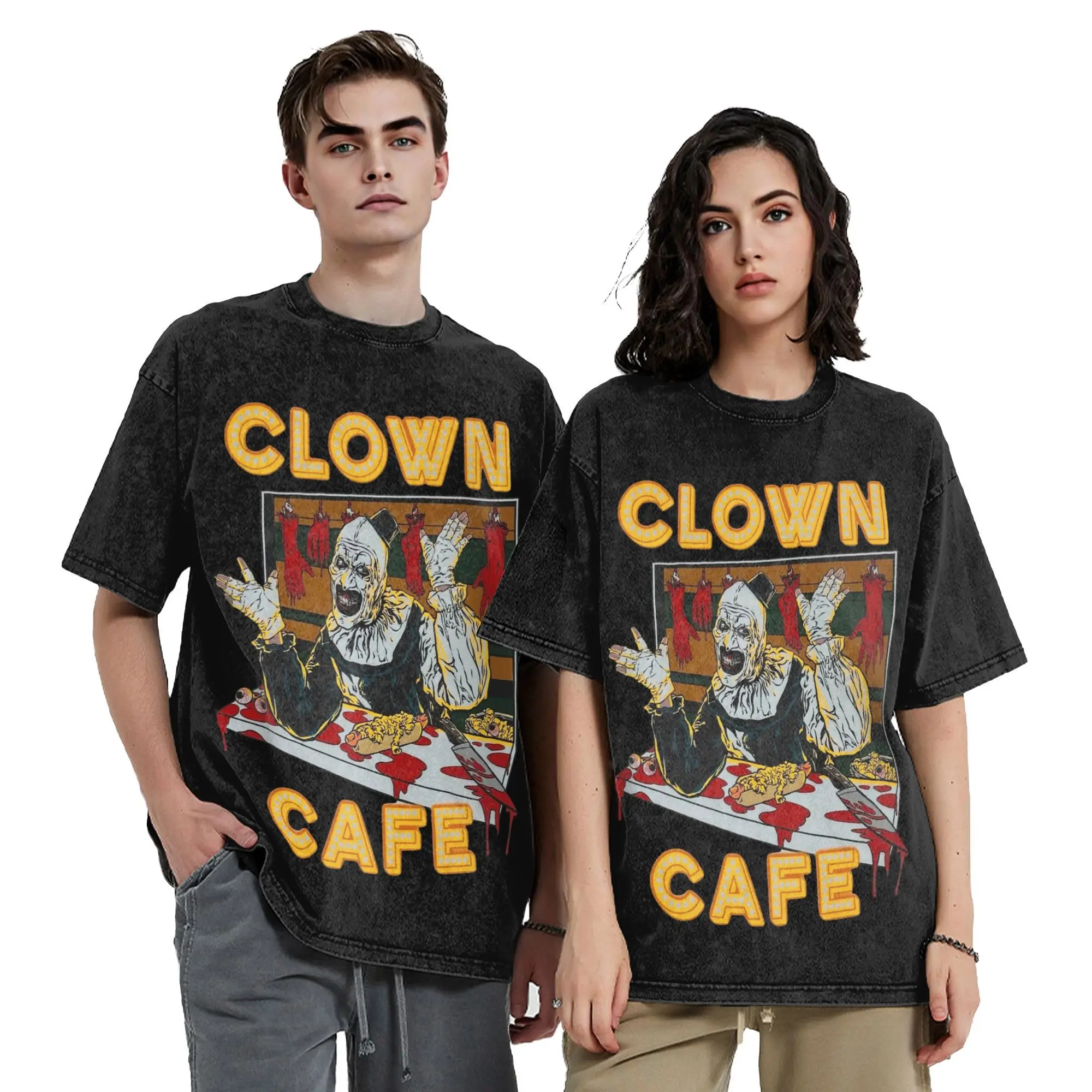 Terrifier Clown Cafe Art the Clown Washed T Shirt Streetwear Hip Hop Vintage T-Shirt Tees Tops Men Women 100% Cotton High Street