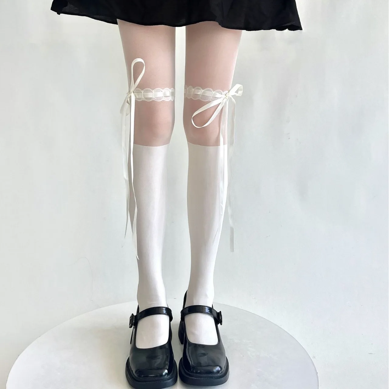Y2K Style Bow Tie Decoration Spliced Pantyhose Color-Matching False Calf Socks Sweet Lolita Thin Tights for Women