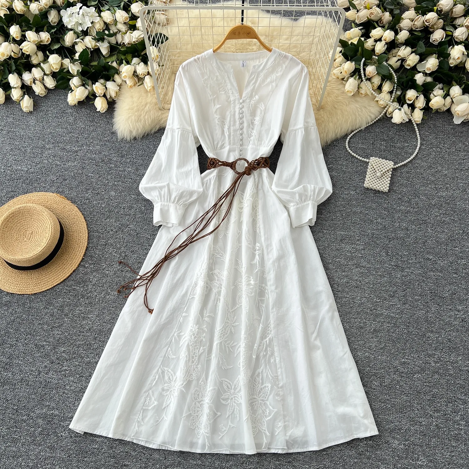 

French Style Luxury Dress For Women V-Neck Heavy Embroidery, Lantern Sleeves, Cinched Waist big Swing Long Dress