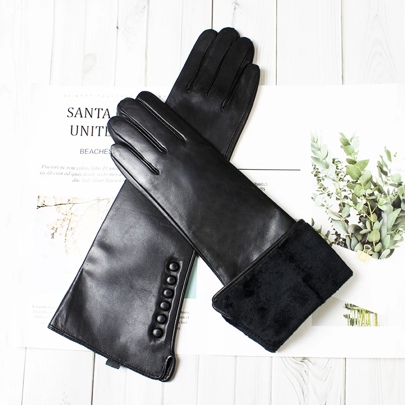 Eldiven Guantes New 38cm Long Lady Leather Gloves Button Style Straight Sheepskin Velvet Lining Warm Autumn And Winter