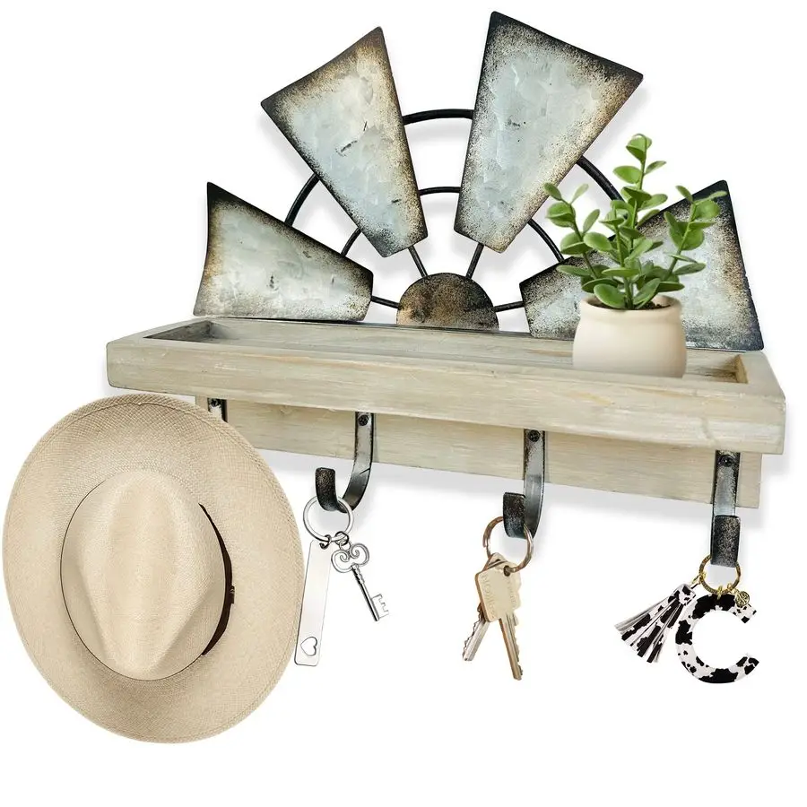 

Windmill Key Holder Wall Mount, Decorative Wall Mounted Key and Mail Rack with Shelf, Farmhouse Wall Decor, 4 Rustic Hooks for C