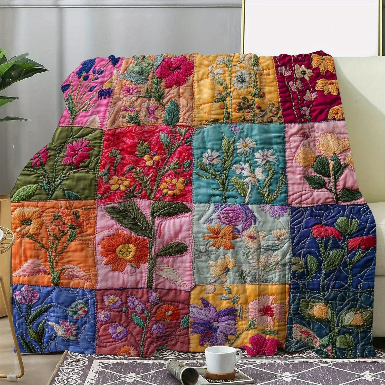 Vintage Floral Patchwork Throw Blanket Soft Plaid Design for Sofa Bed Car Office Cozy Charm Home Decor