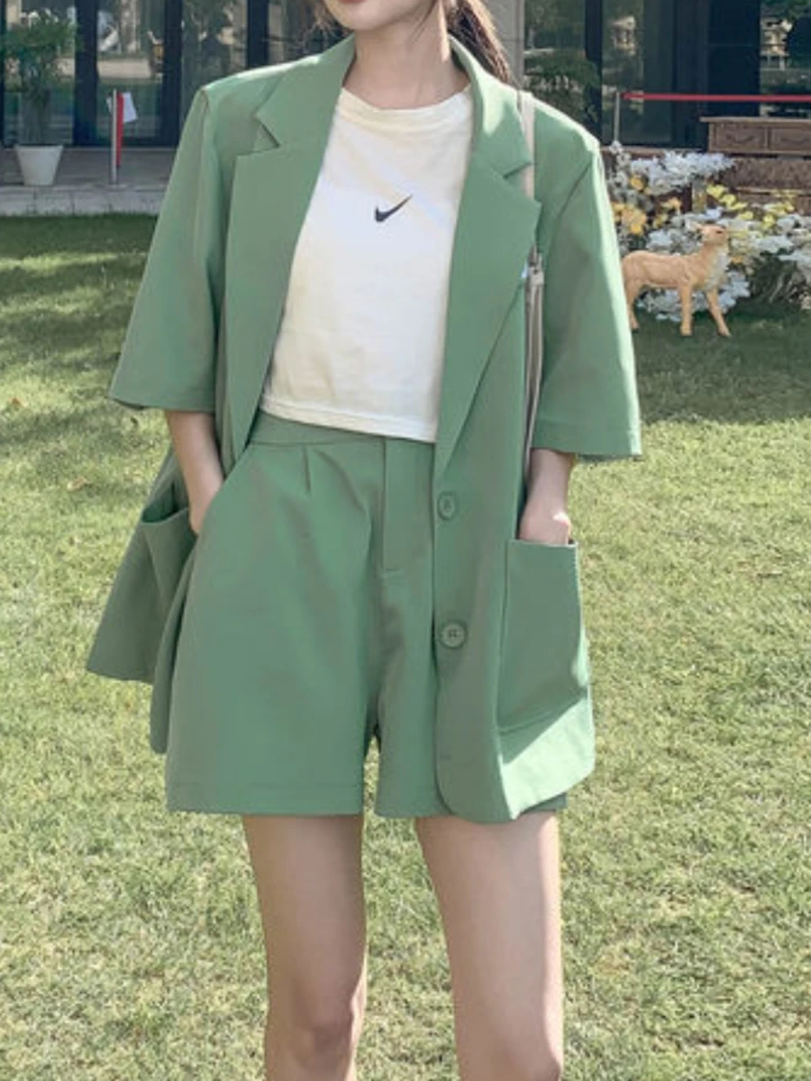 Suit Jacket Women Fashion Set Thin Casual Shorts Two-piece Loose Fitting Commuting Wear Summer Office Ladies Solid Outfits