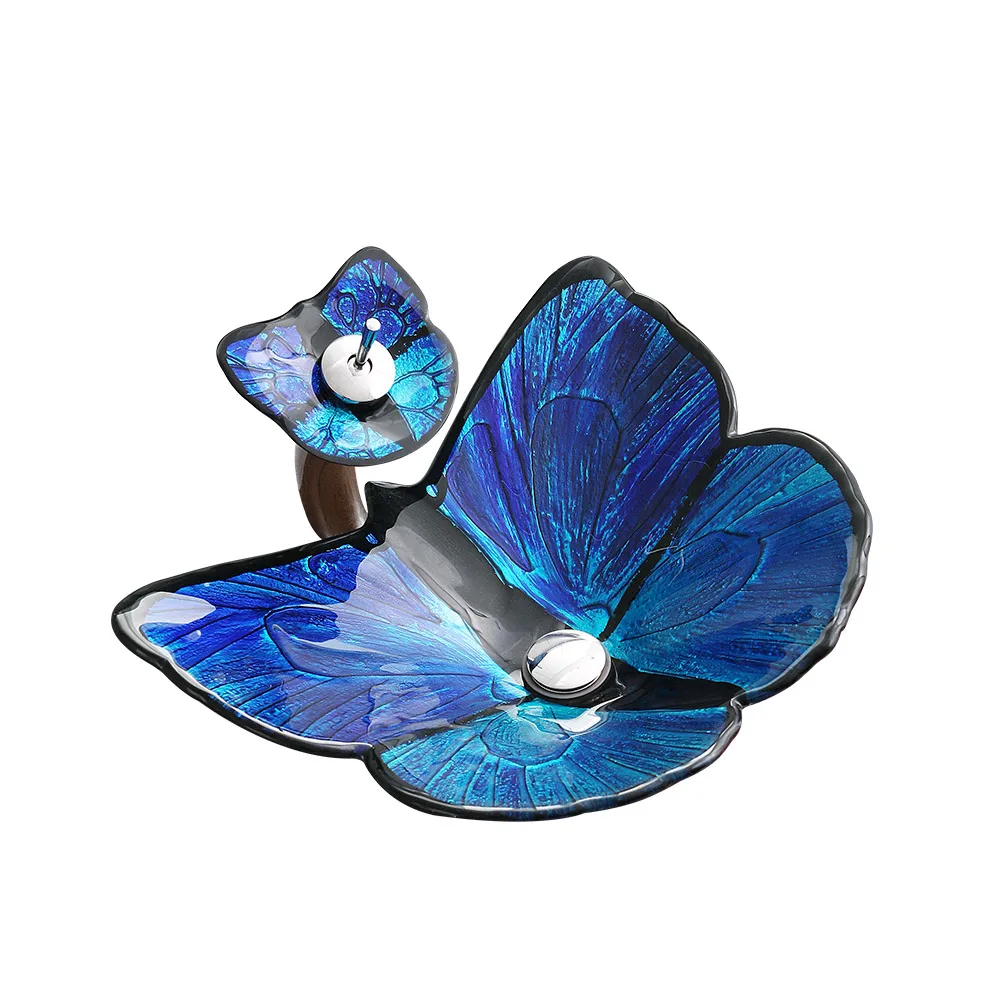 

j* Hand Painted Hot Melt Blue Butterfly Shaped Wash Basin Luxury Washroom Bathroom Tempered Glass Sink Basin Under Sink Bathroom
