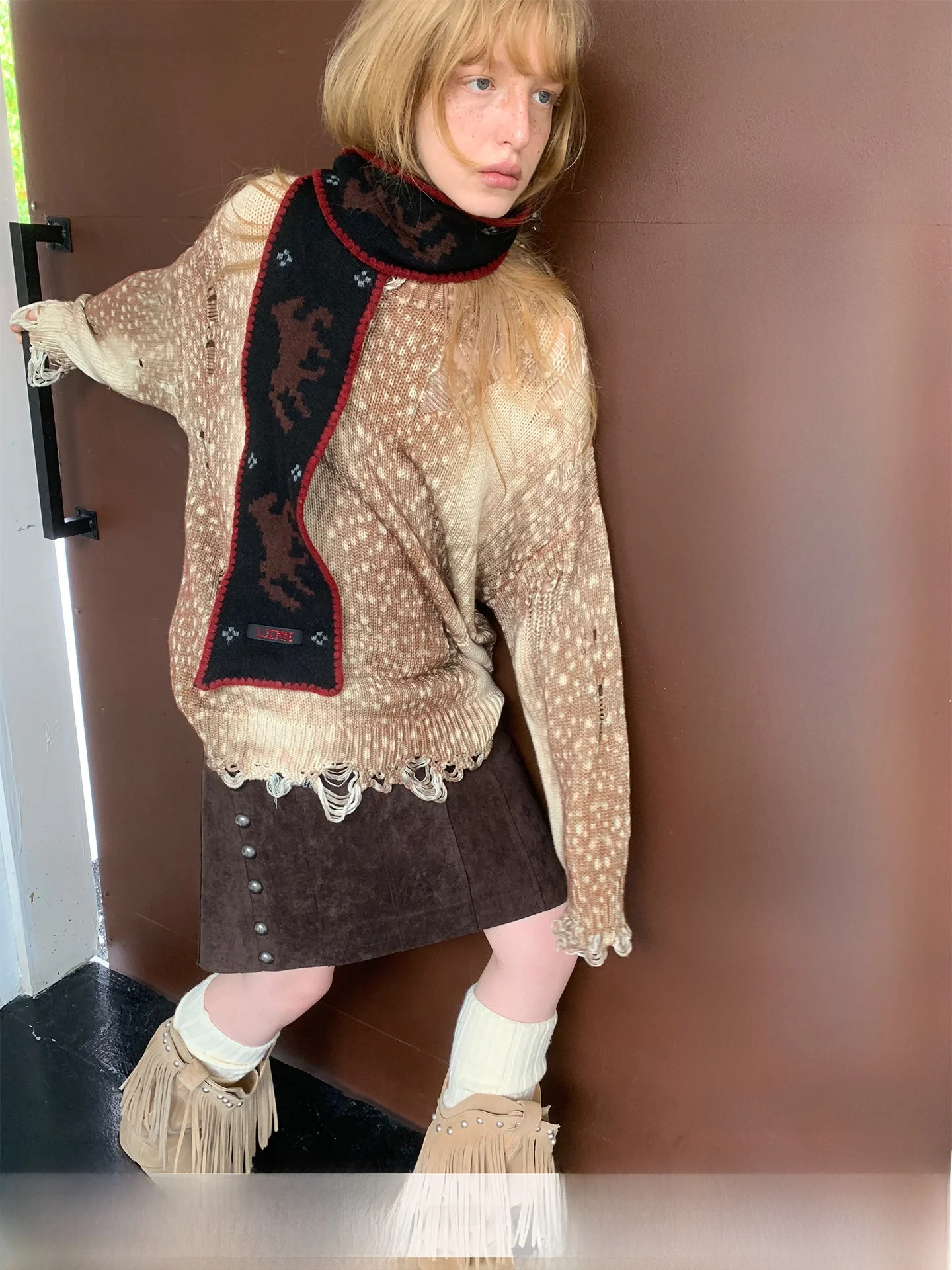 

1JINN STUDIO Vintage Deer Pattern Hollow out Knitted Sweater Women's Loose round Neck Large Sweater Casual Comfortable Cotton...