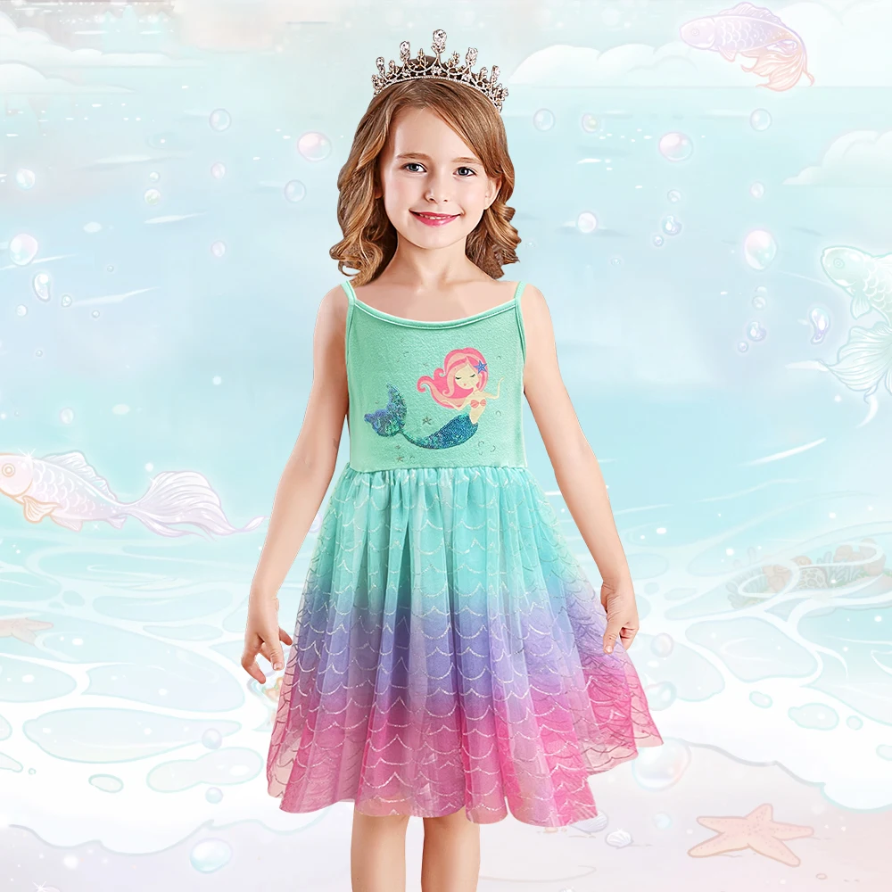 DXTON Mermaid Dress For Girls Sling Suspended Gradient Summer Kids Dress Cartoon Sequined Princess Dress Children Party Costumes