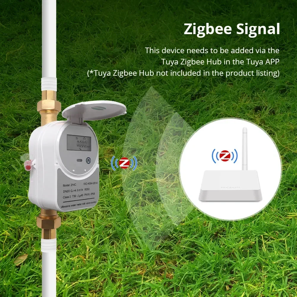 Zemismart Zigbee Water Meter Ultrasonic with Valve DN15 DN20 DN25 LCD Display Monitoring Water Flow Consumption Work with Tuya