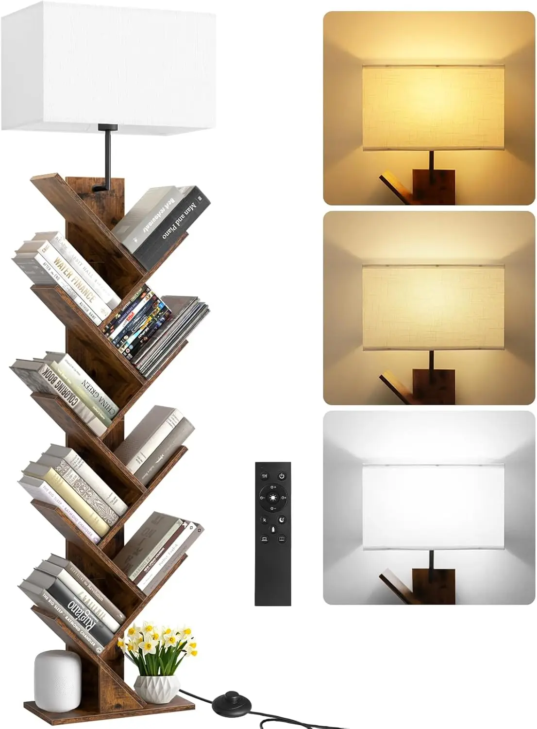 9 Tier Tree Bookshelf with Light, Remote & Timer, Modern Tall Floor Standing Book Shelf, Narrow Wood Bookcase, Small Book Organizer Shelves
