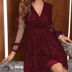 Elegant Women's See Through Mesh Long Sleeved Sequin Party Mini Dress For Spring And Summer Fashion V-neck Casual Dresses