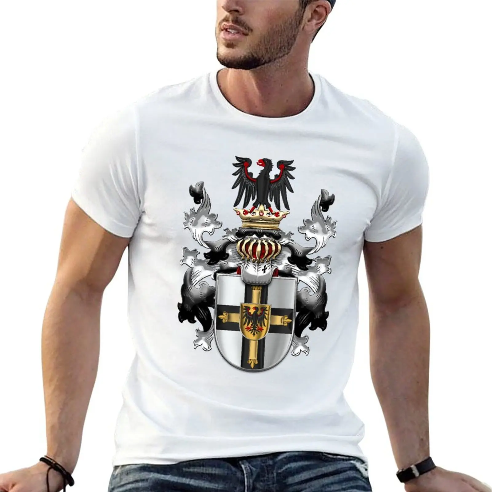 Teutonic Order - Coat of Arms over White Leather T-Shirt Stylish Print Short Sleeve Tee
