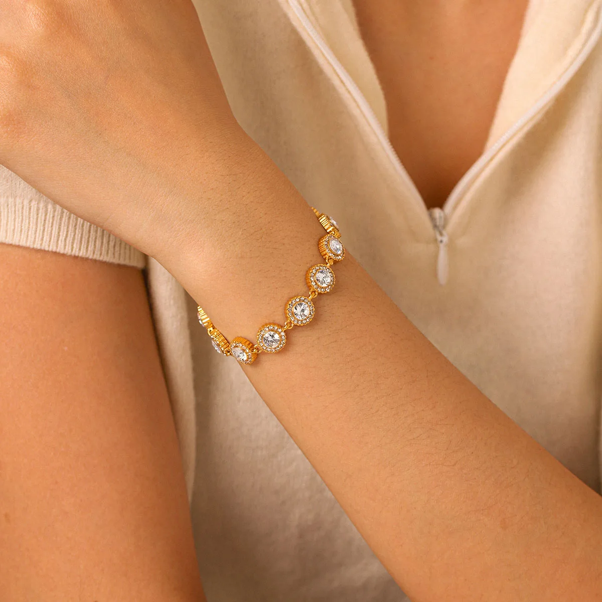 

Luxury Vintage Round Zircon Tennis Bracelet 18K Gold Plated Stainless Steel For Women Daily Wear Anniversary Gift Jewelry
