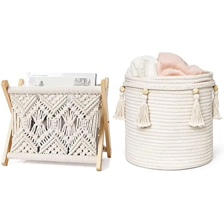 Mkono Macrame Magazine Rack and Macrame Laundry Basket Nursery Storage Bin Organizer Boho Decor for Bedroom Livingroom Dorm